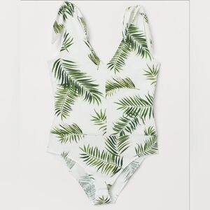 Women's h&m green leaf palm leaves summer tie shoulder bodysuit